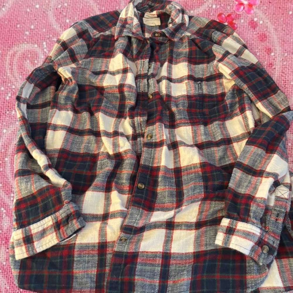 American Eagle Outfitters Women's Plaid Button-Down Shirt - Cream, Navy & Red